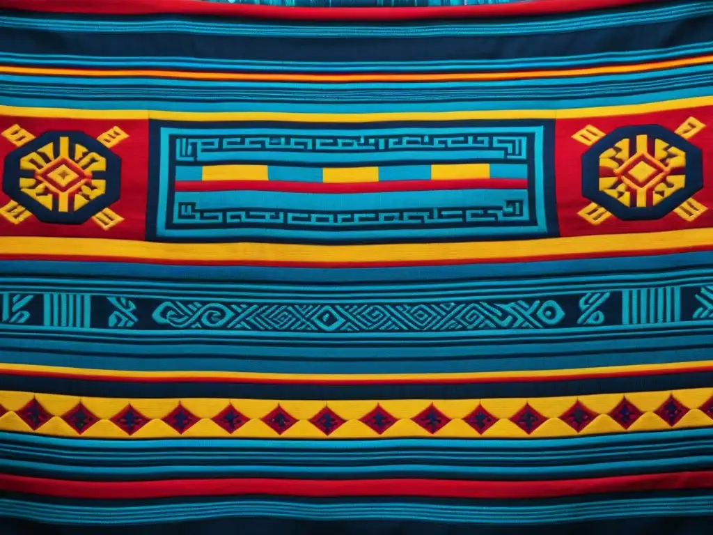 Creación textil en civilización maya: Detalle de tejido maya con vivos colores y patrones geométricos y figuras de dioses y animales