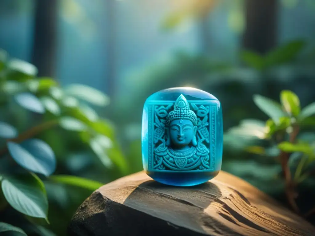 Un cristal de jade azul tallado en forma de glifo maya, con detalles intrincados y luz solar filtrándose, en un bosque verde