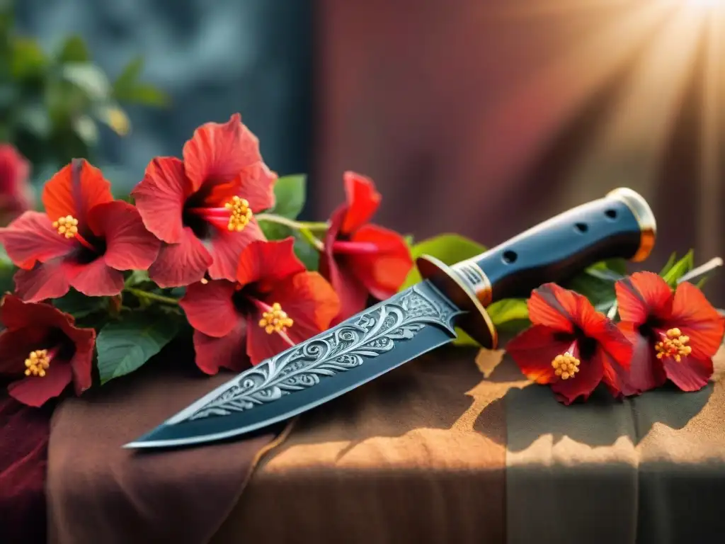 Un cuchillo ceremonial de obsidiana sobre flores rojas vibrantes, con sombras dramáticas y detalles mayas