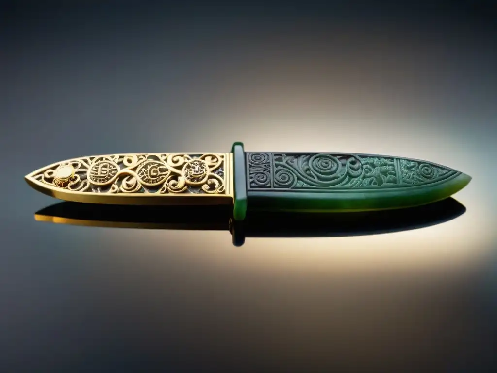 Un cuchillo ceremonial de obsidiana, llamado 'Tz'ikin', con grabados mayas que representan la conexión entre mundos