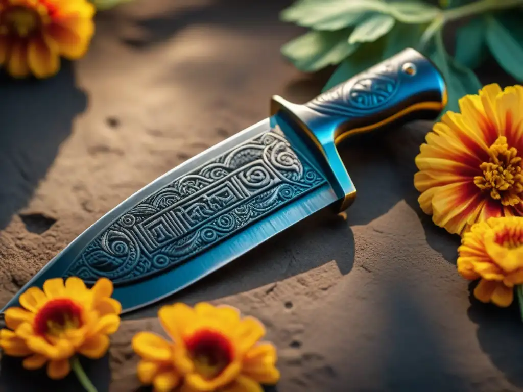 Un cuchillo sacrificial maya de obsidiana, tallado con glifos y símbolos, reposa sobre flores de cempasúchil