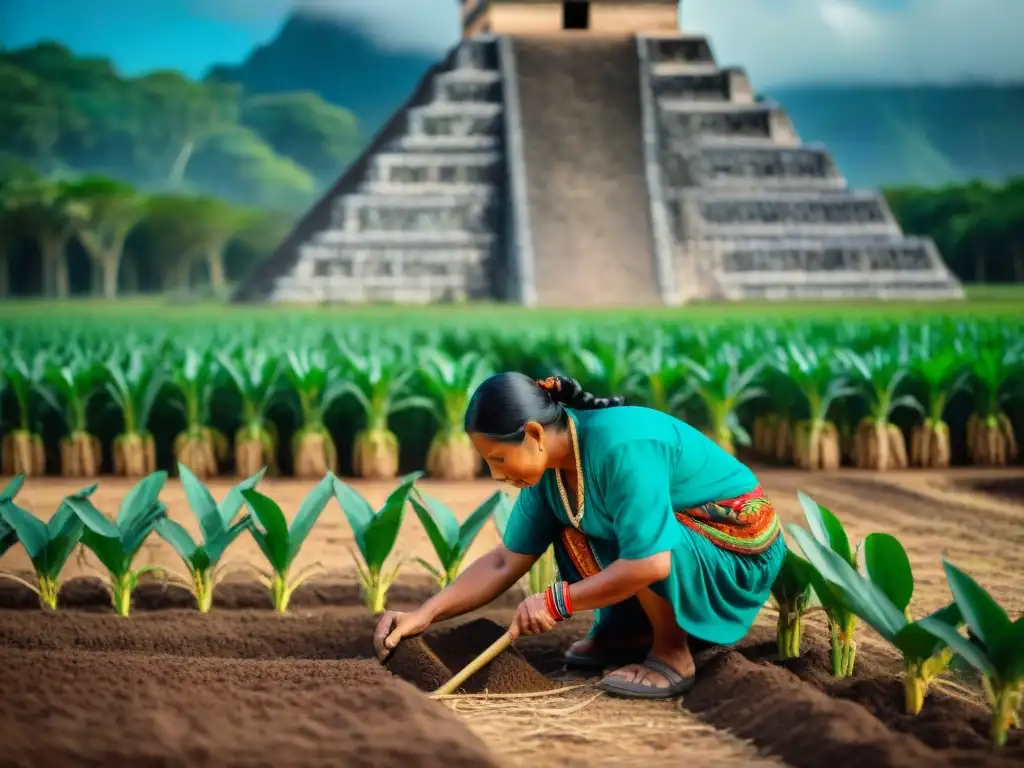 Cultivo de maíz por un agricultor maya, reflejando la armonía entre agricultura y civilización en la antigua sociedad maya