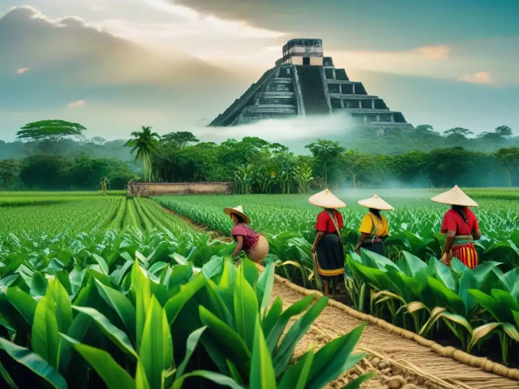 Cultivo de maíz en Maya: Agricultores mayas en un campo de maíz bajo el sol de Yucatán, con una pirámide maya al fondo