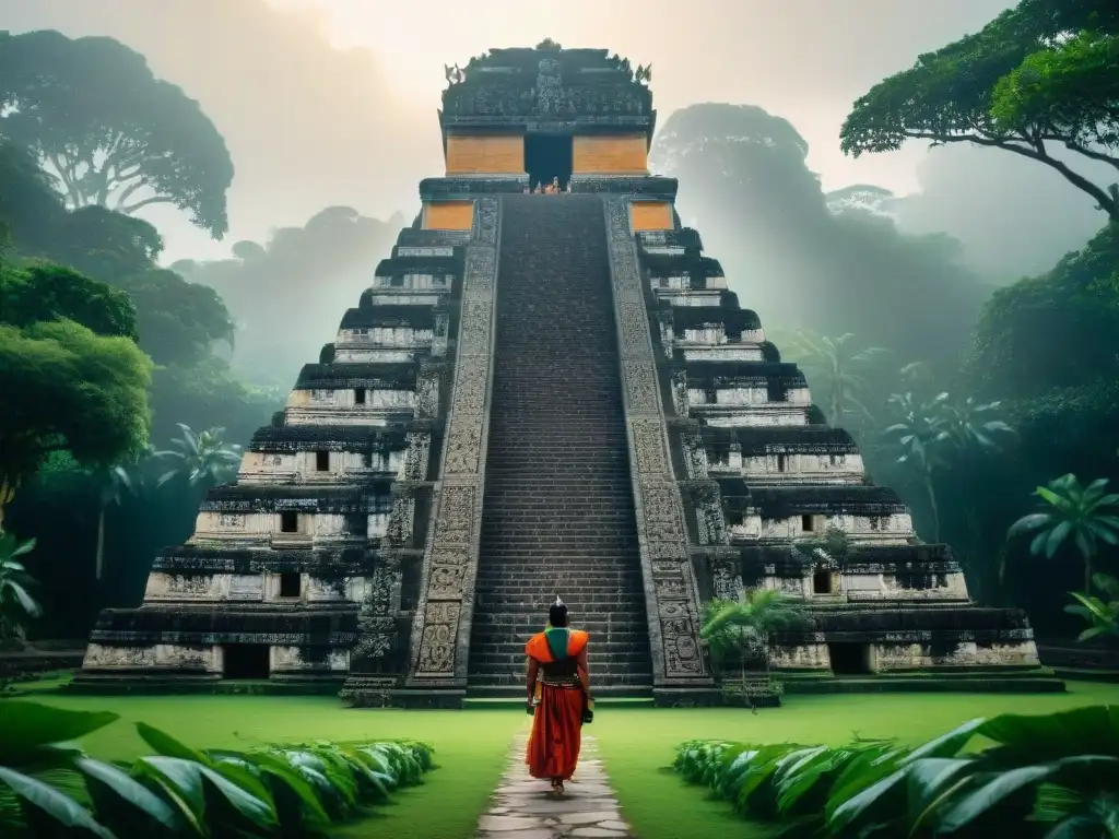 Culto maya a la abeja Melipona en un templo adornado rodeado de naturaleza y personas en ritual