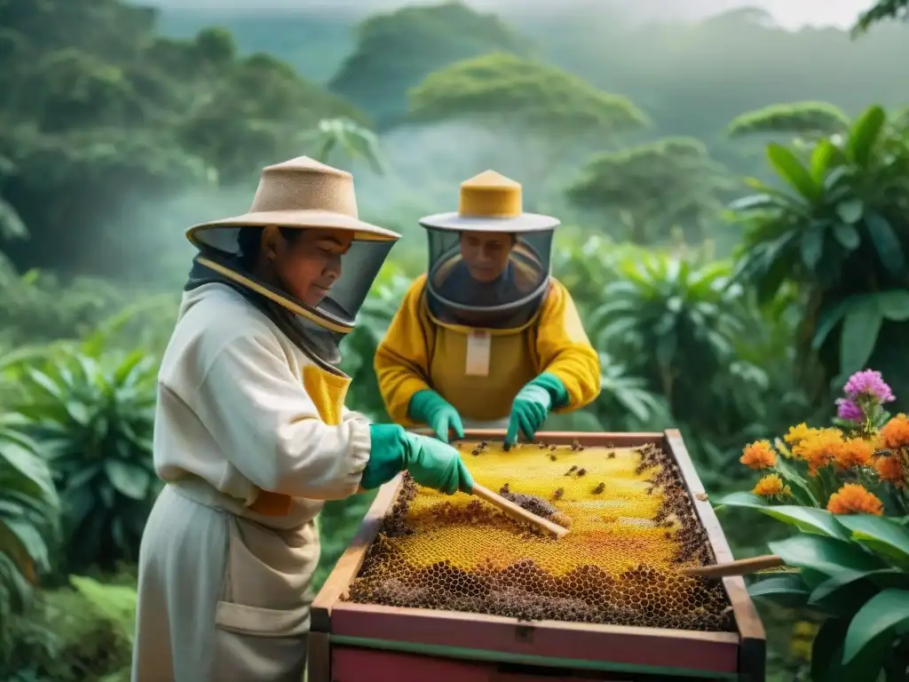 Culto maya a abeja melipona: apicultores en armonía con la naturaleza tropical, cuidando colmenas vibrantes entre flores coloridas