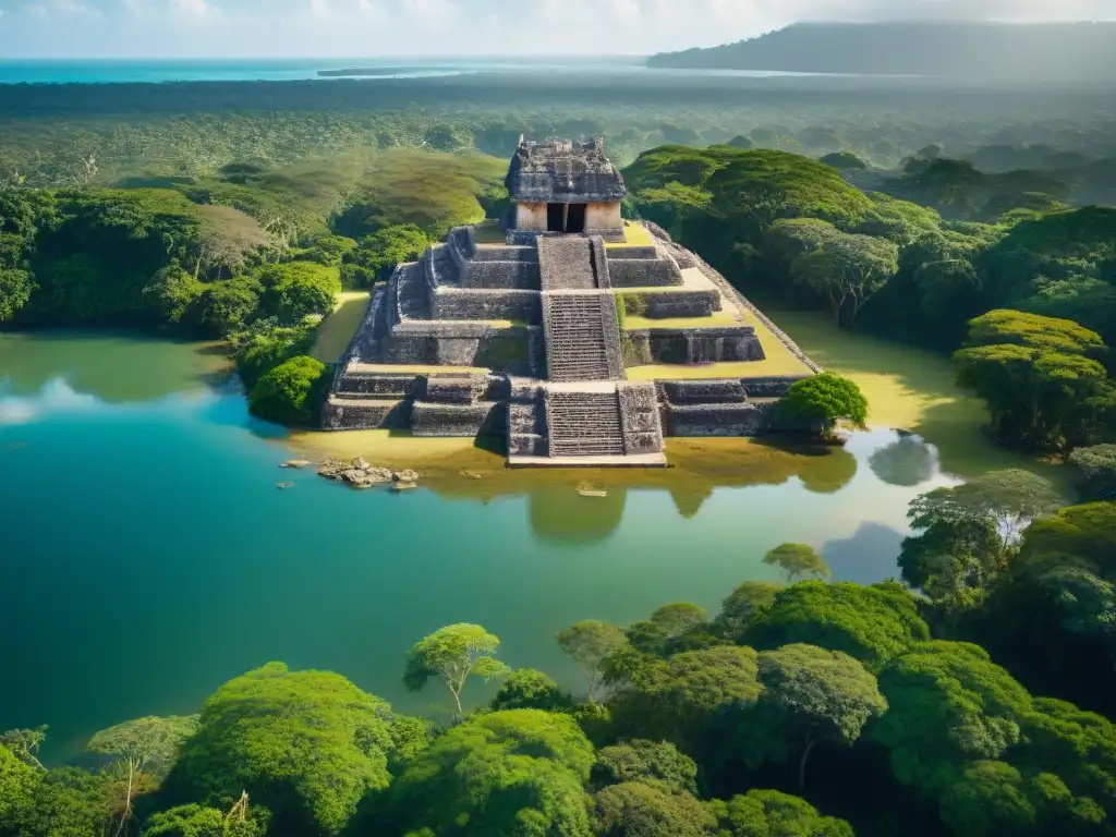 Descubre la transición cultural maya en Topoxté: ruinas antiguas rodeadas de exuberante vegetación y el lago Yaxhá al fondo