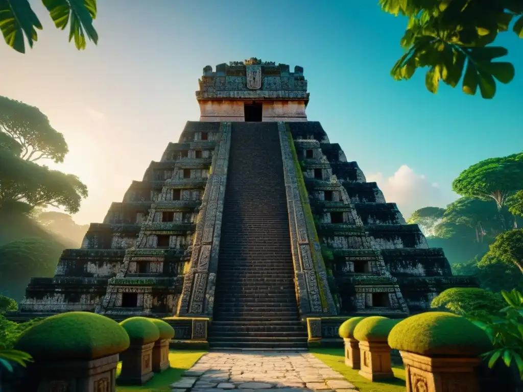 Reconstrucción 3D de la narración cultural Mayas: templo maya detallado en la selva con intrincadas tallas y glifos, destacando su avanzada ingeniería