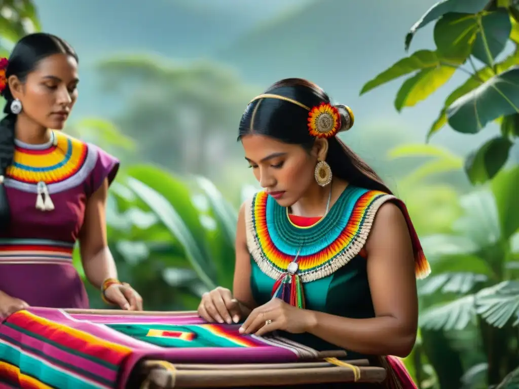 Mayan women weaving colorful textiles outdoors, showcasing the artistry and cultural significance of traditional Mayan weaving practices