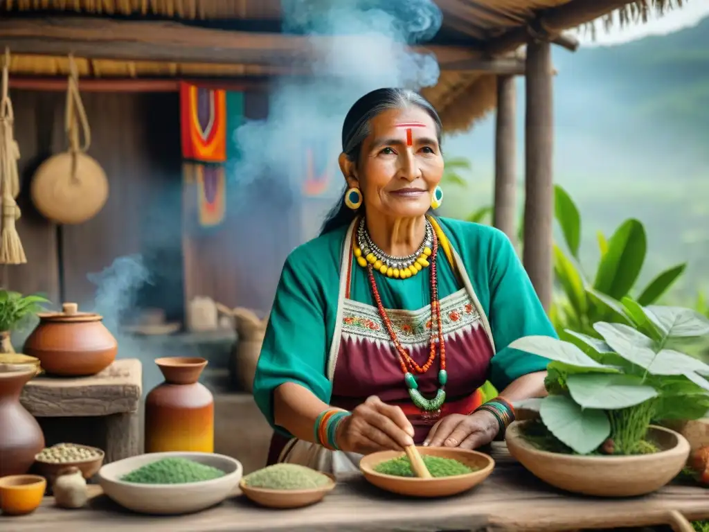 Una curandera maya preparando alimentos medicinales en una cocina rústica al aire libre, rodeada de plantas