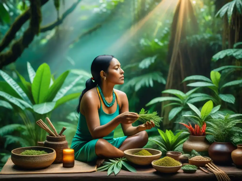 Una curandera Maya preparando hierbas curativas en la selva