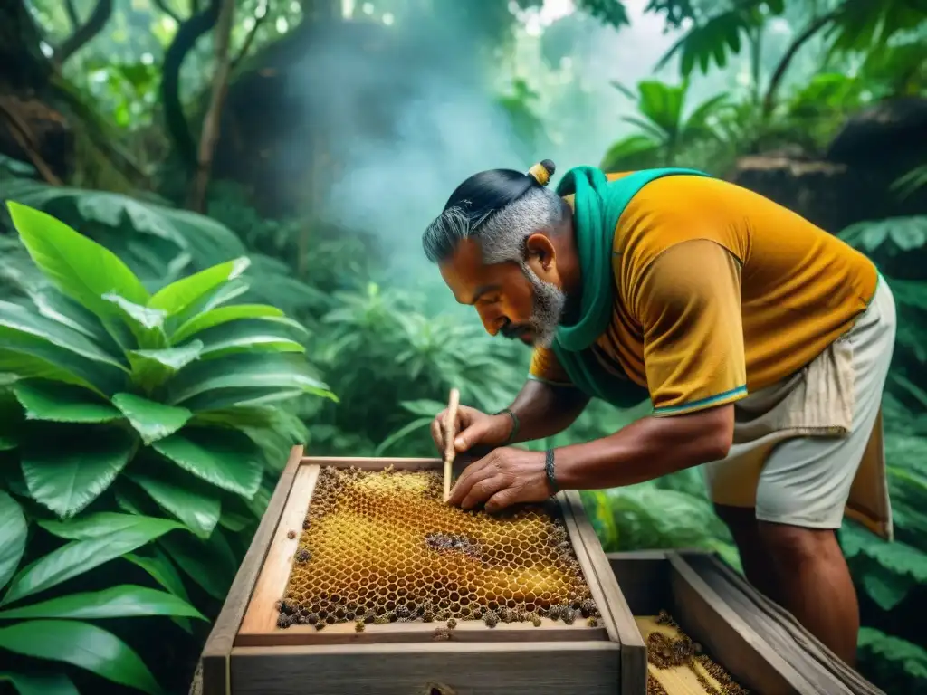 Curandera maya recolecta propóleo rodeada de exuberante vegetación en la selva de Yucatán