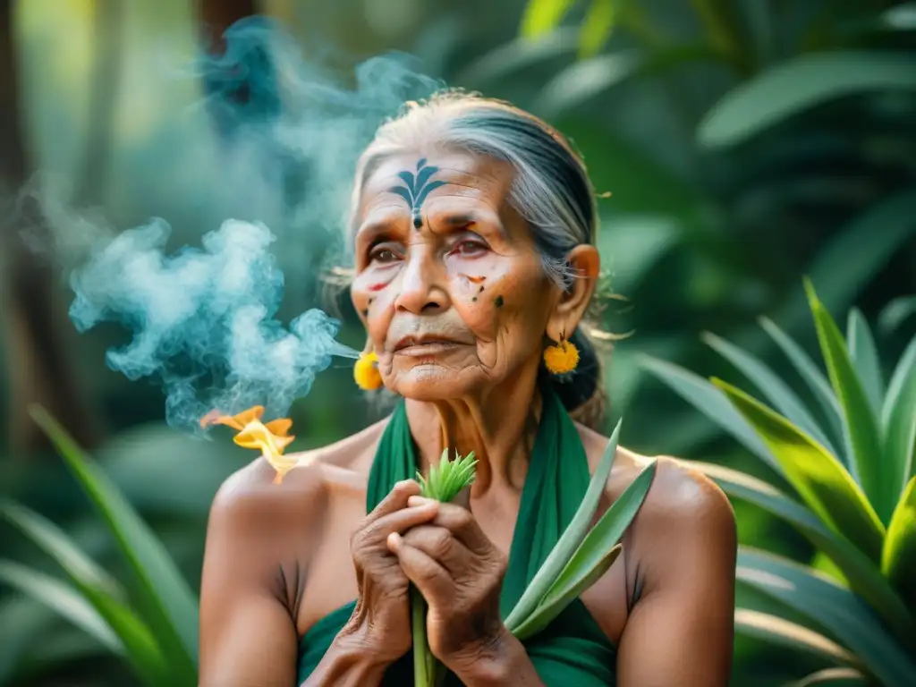 Curandera maya en la selva con plantas medicinales: aloe vera, hierbalimón y manzanilla