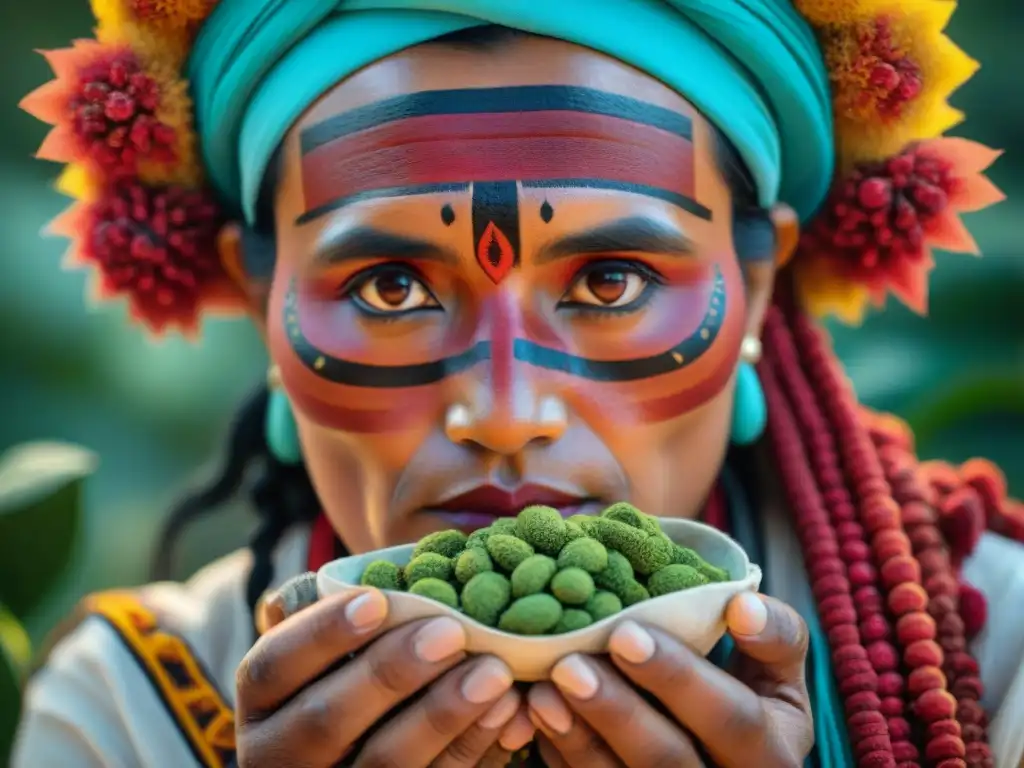 Curandera maya con semillas de achiote y hierbas medicinales