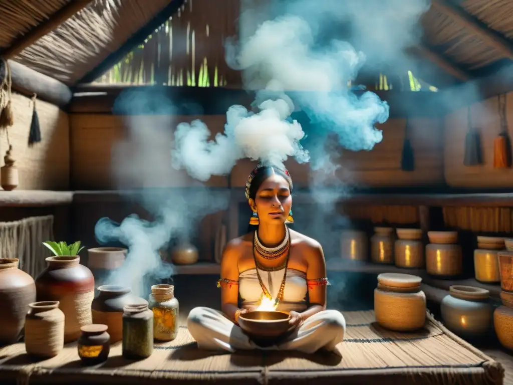 Un curandero Maya en una choza rústica, rodeado de hierbas, realizando una ceremonia con incienso de copal