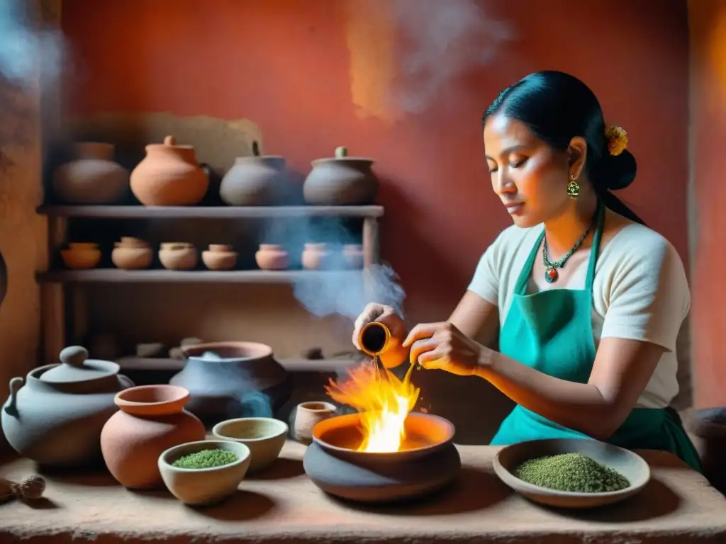 Un curandero maya prepara con esmero el Té de Ramón en una cocina rústica, rodeado de hierbas antiguas y utensilios tradicionales