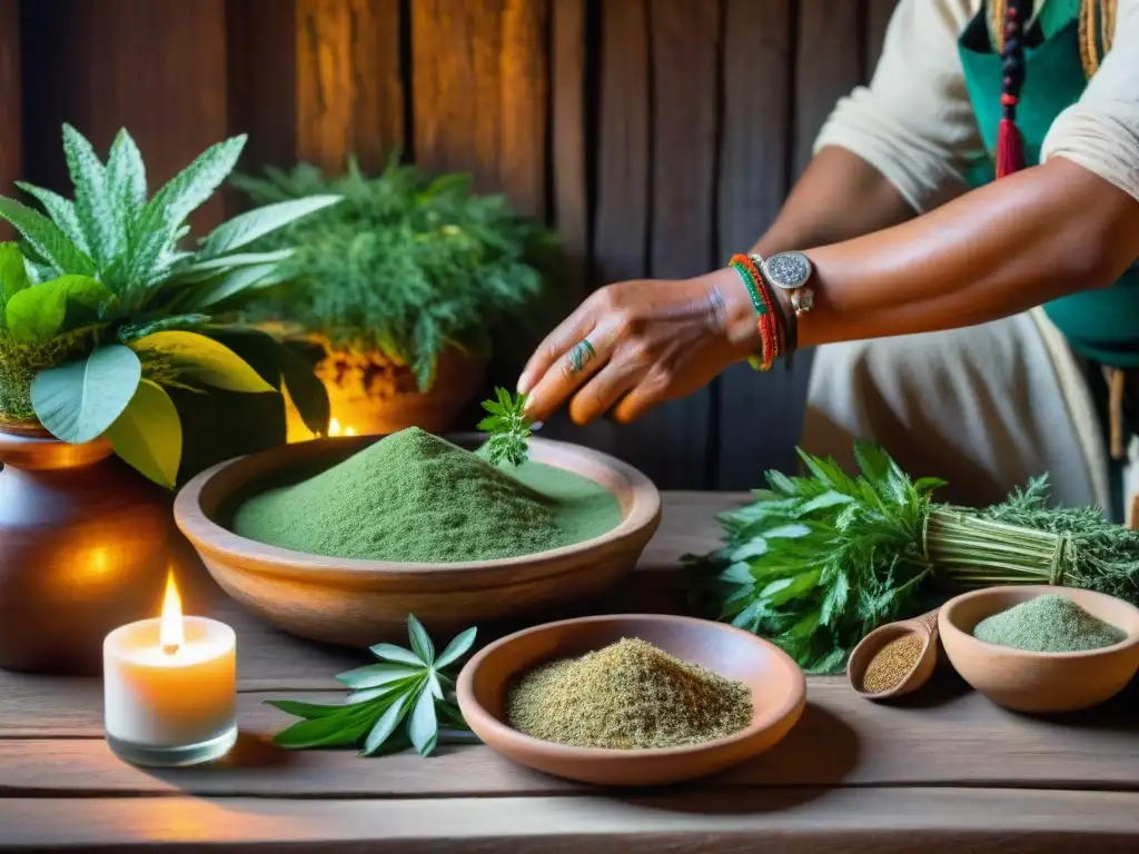 Curandero Maya: Sabiduría Herbal Ancestral Un curandero Maya prepara hierbas en una cabaña rústica, atmosfera mística de la Herbolaría Maya influencia medicina natural