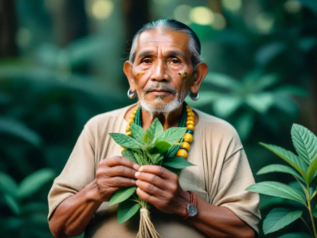 Curandero maya sostiene hierbas medicinales con sabiduría, en bosque verde