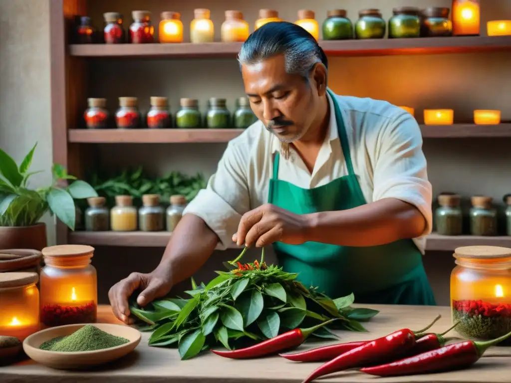 Un curandero maya preparando una medicina con chiles rojos rodeado de hierbas verdes, en un ambiente místico