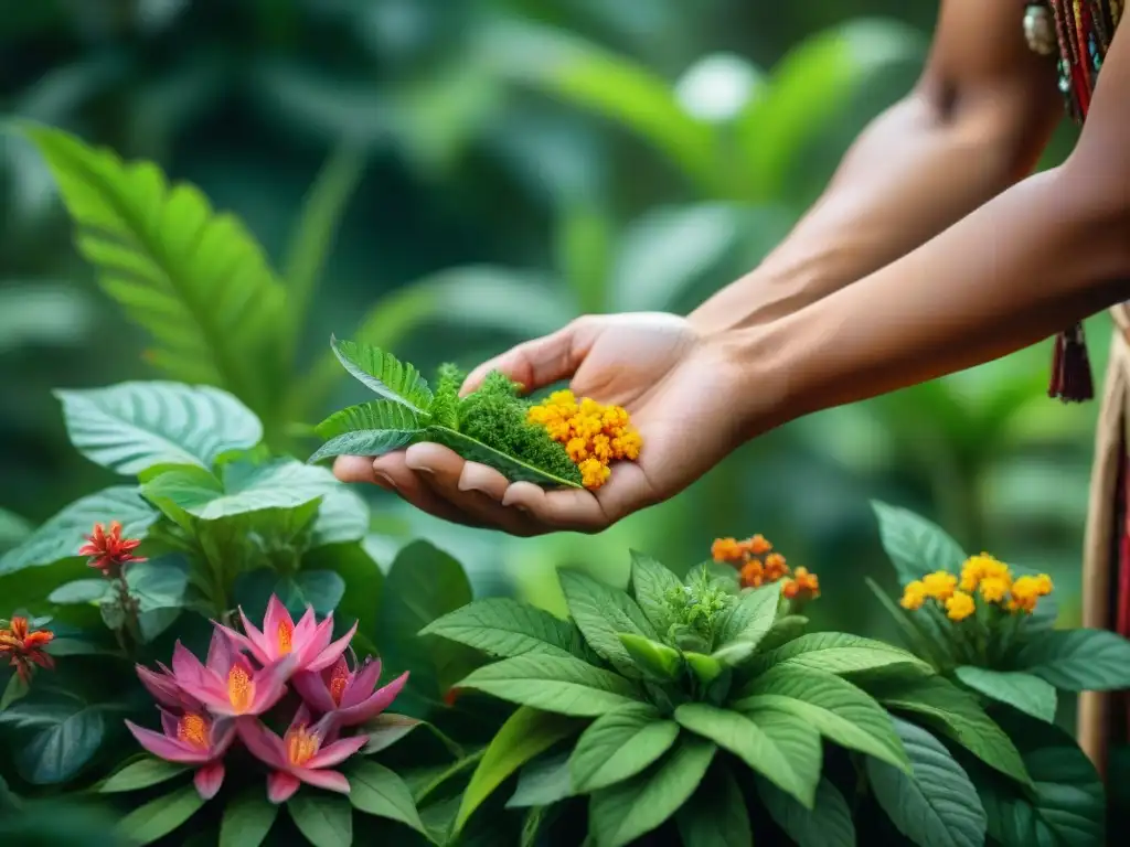 Curandero maya recolectando plantas y hierbas medicinales en la exuberante jungla, reflejando la esencia de la medicina ancestral