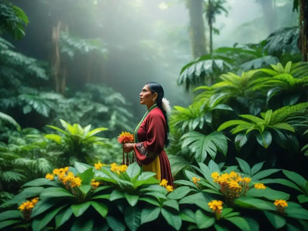 Un curandero Maya recoge plantas medicinales en la selva: una escena vibrante que muestra la conexión entre el sanador y la naturaleza