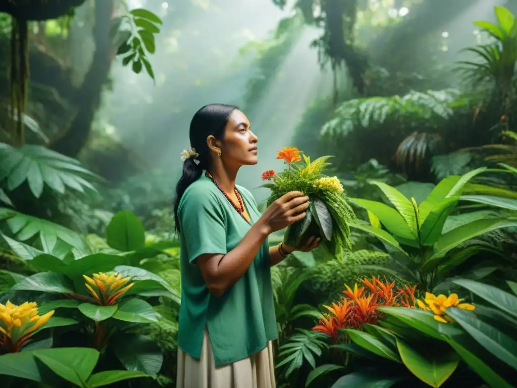 Curandero maya recolectando plantas medicinales en la exuberante selva, escena de farmacopea maya plantas medicinales