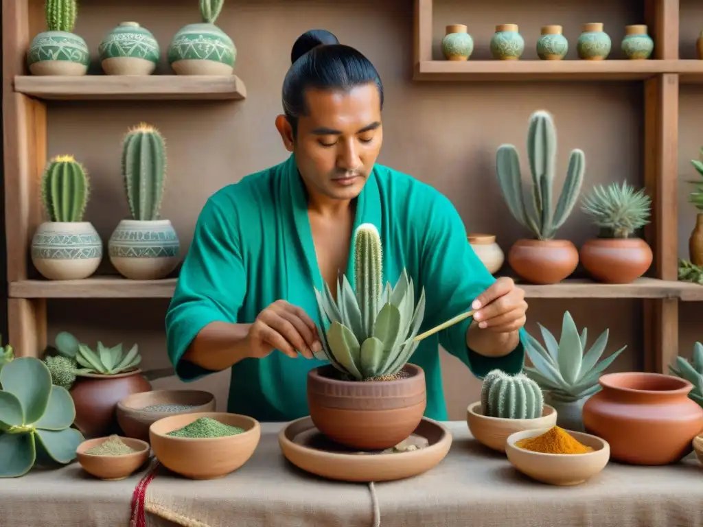 Un curandero maya prepara una poción con nopal y hierbas