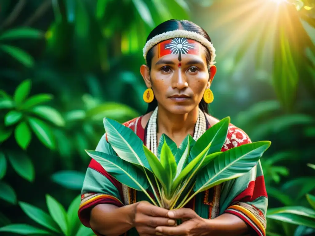 Un curandero maya rodeado de exuberante vegetación, viste atuendo ceremonial y sostiene plantas medicinales