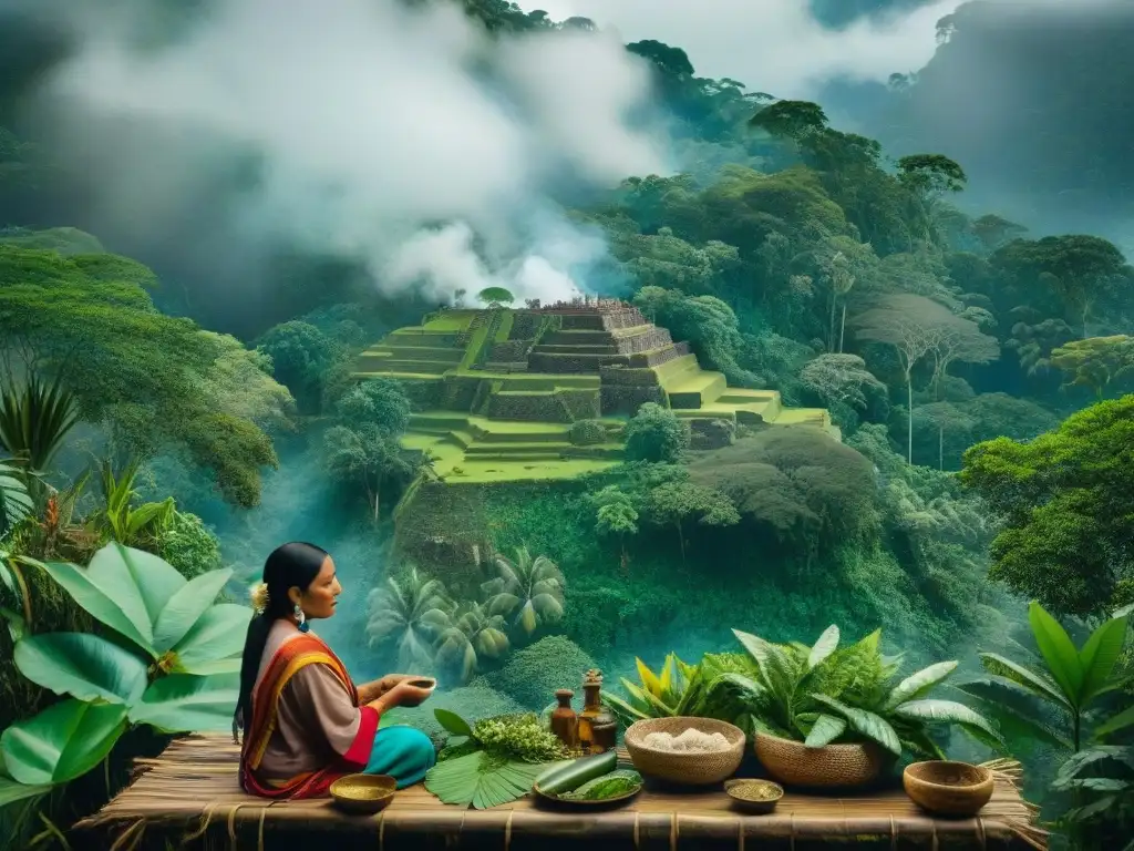 Un curandero Maya en la selva, preparando remedios con plantas medicinales