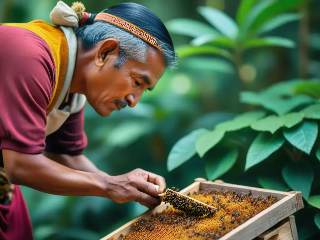 Curiosa imagen de un sanador maya recolectando propóleos de abejas sin aguijón, entre la exuberante naturaleza