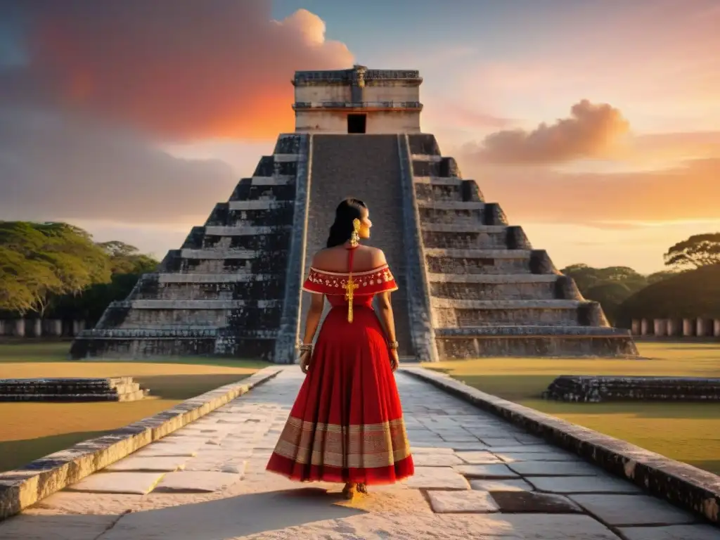 La dama de rojo Chichén contempla El Castillo al atardecer, historia y leyenda fusionadas en una imagen fascinante