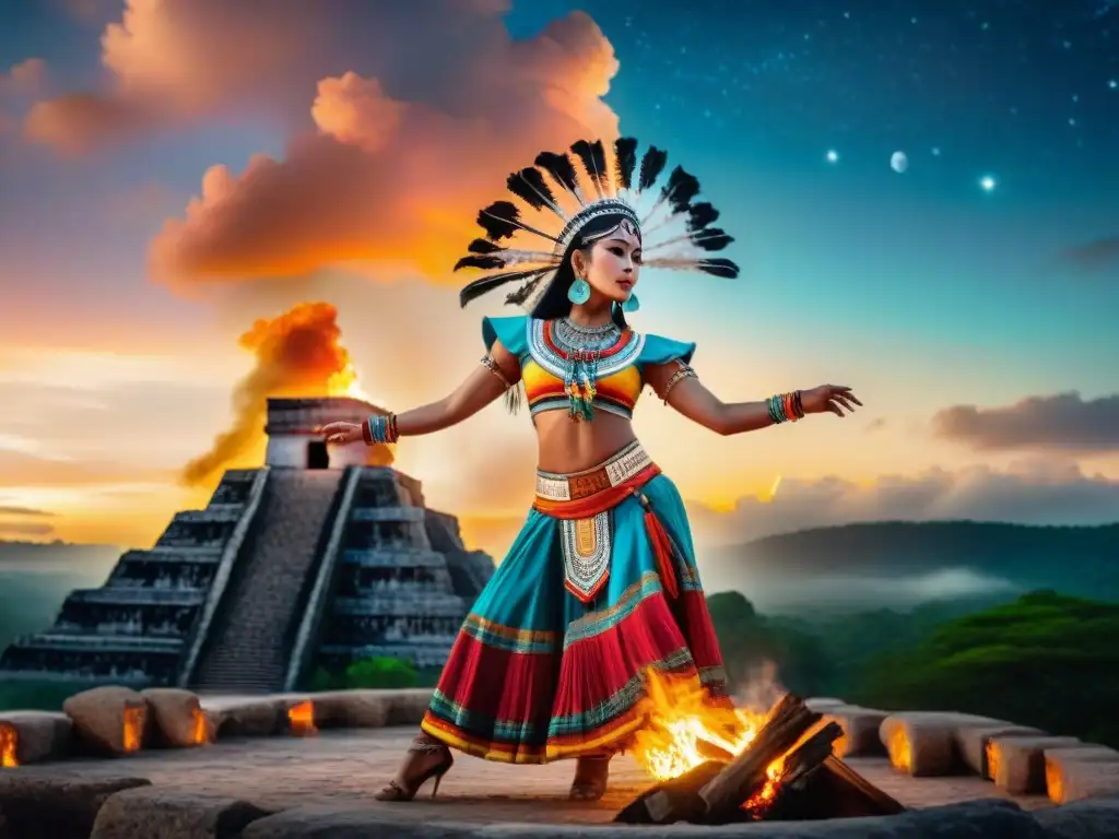 Danza astral maya bajo la noche estrellada: un ritual ancestral iluminado por el fuego