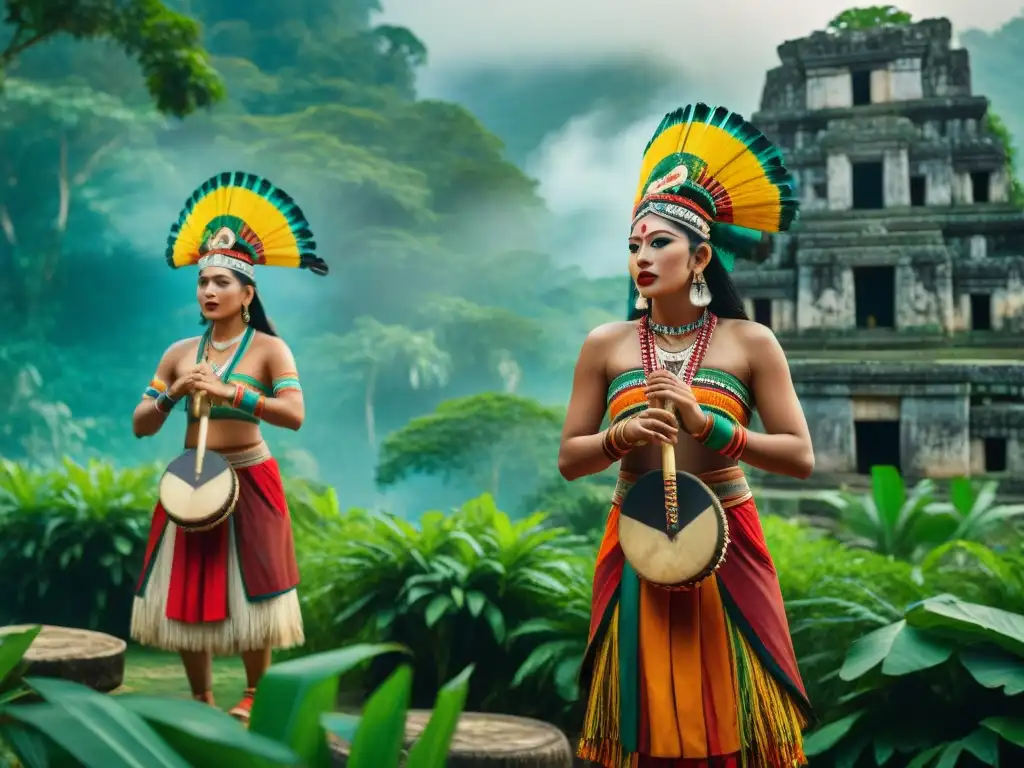 Música y danza en culto maya: Grupo de músicos y bailarines mayas en la selva realizando rituales tradicionales