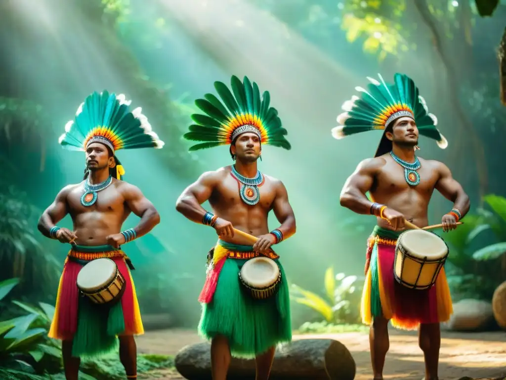 Música y danza en culto maya: Grupo de músicos mayas y bailarines con trajes de plumas en la selva