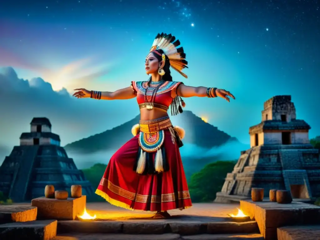 Danza maya bajo estrellas: un bailarín en atuendo ceremonial ejecuta movimientos mientras las ruinas antiguas y astros se alinean en el cielo nocturno