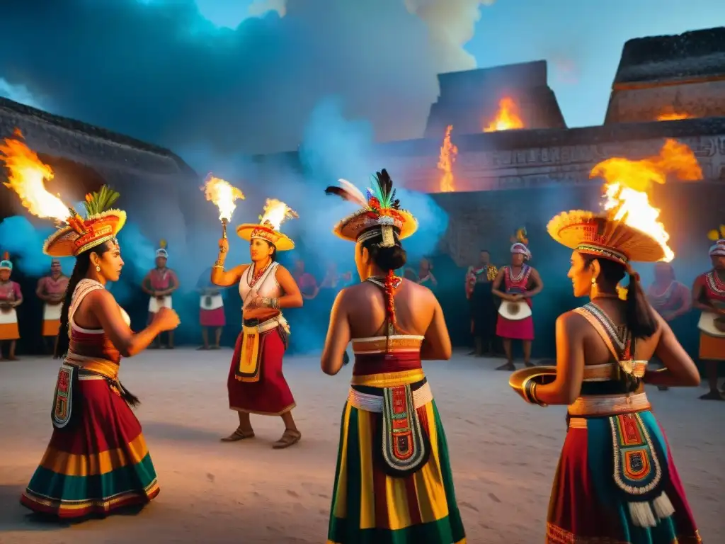 Una danza maya llena de energía y color, con músicos y espectadores en una ceremonia nocturna