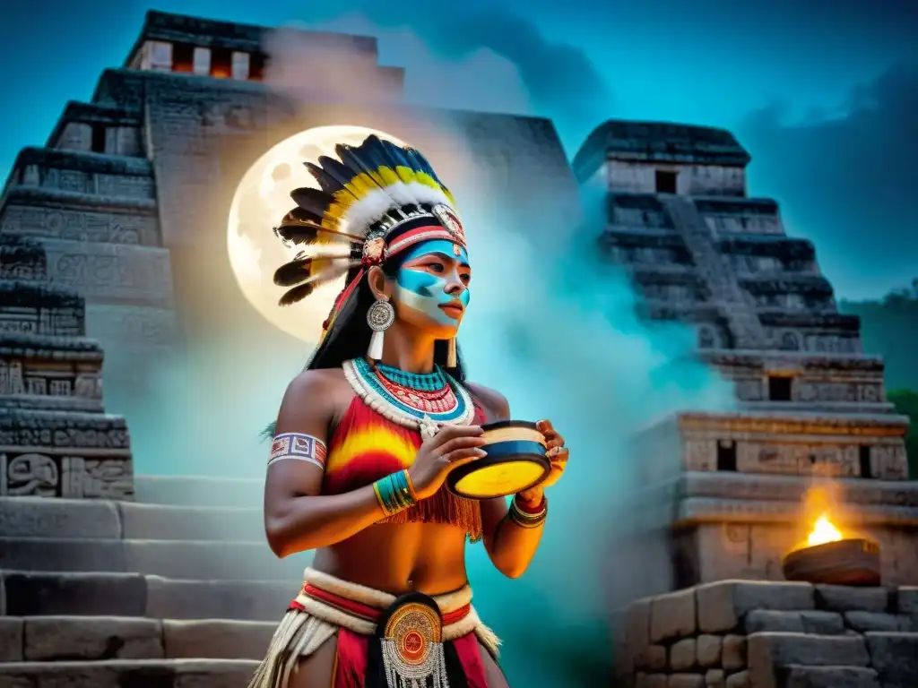 Danza y música en ceremonias mayas: Mural colorido de danzantes mayas en trajes tradicionales, moviéndose al ritmo de tambores bajo la luna llena