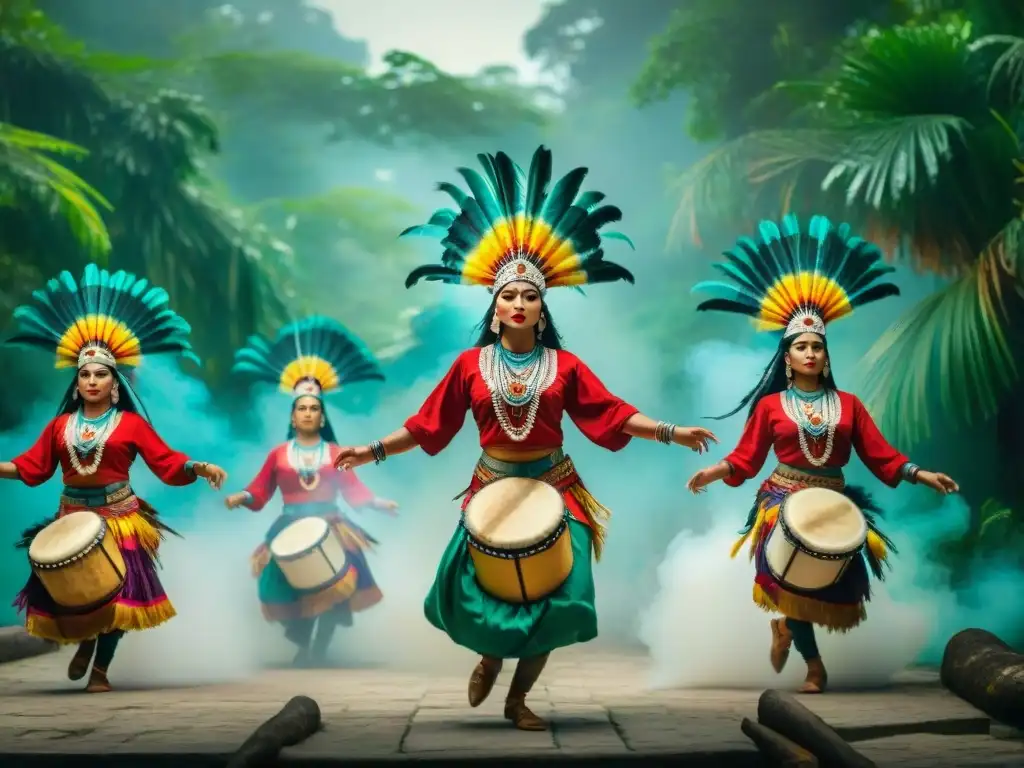 Danza y música en ceremonias mayas: Baile ceremonial con vestimenta tradicional, plumas vibrantes y música ancestral en la selva