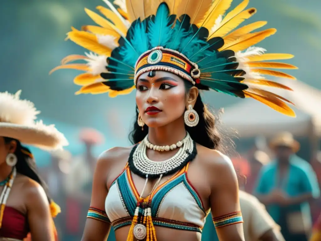 Una danza ritual maya con atuendos llenos de significado capturada en una vibrante imagen 8k