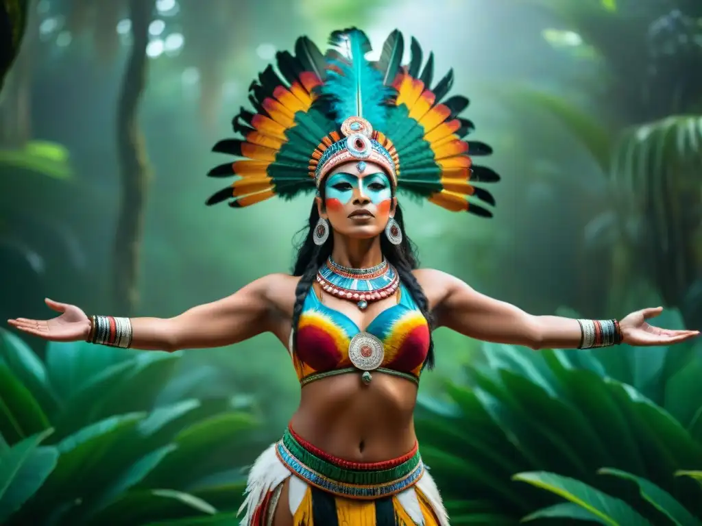 Danza ritual maya: bailarín con plumas, pintura corporal y joyas, en la jungla, conectando con lo divino y la naturaleza al atardecer