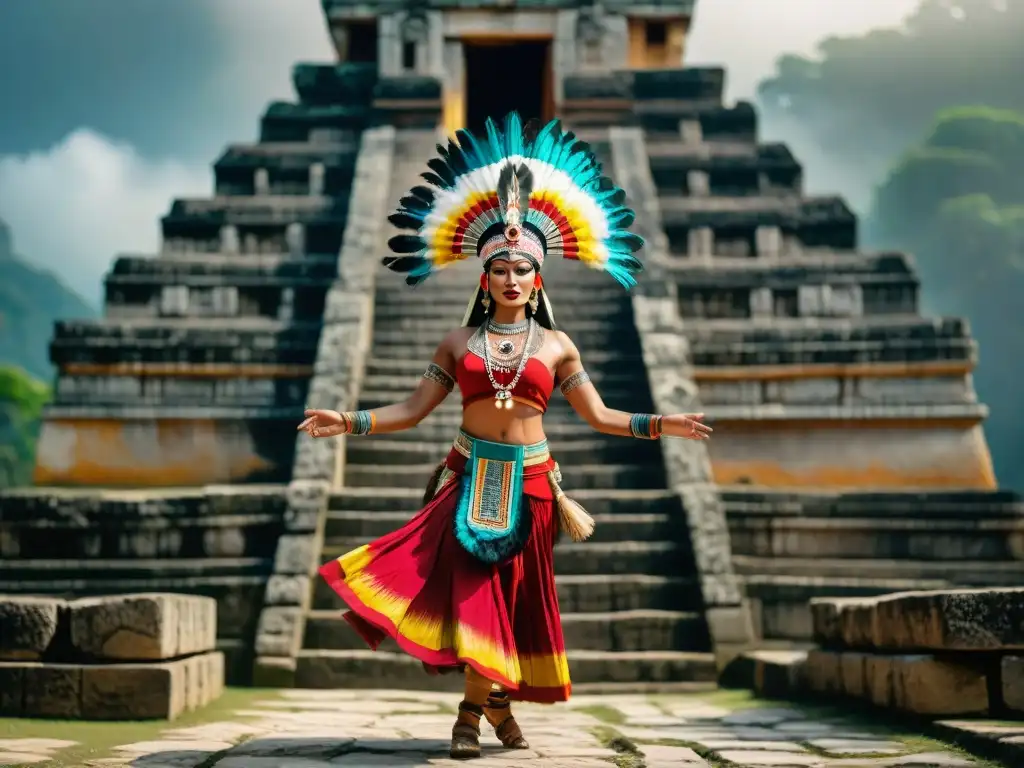 Danza en rituales mayas sacrificio: Bailarín maya con tocado de plumas realizando danza sagrada en ruinas del templo