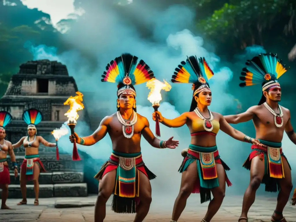 Danza en rituales mayas sacrificio: Mayan dancers en vibrantes trajes tradicionales, saltando en un ritual con antorchas