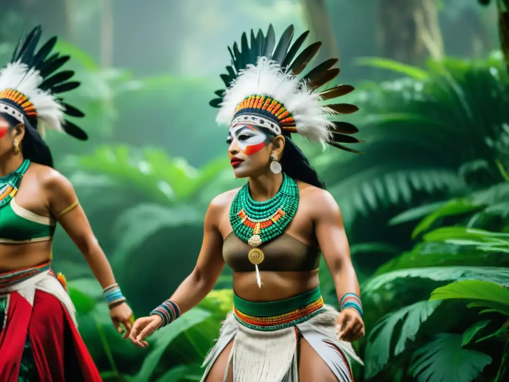 Danza Maya ancestral en la selva: vibrante y detallada Danzas ceremoniales de la civilización maya en la exuberante jungla