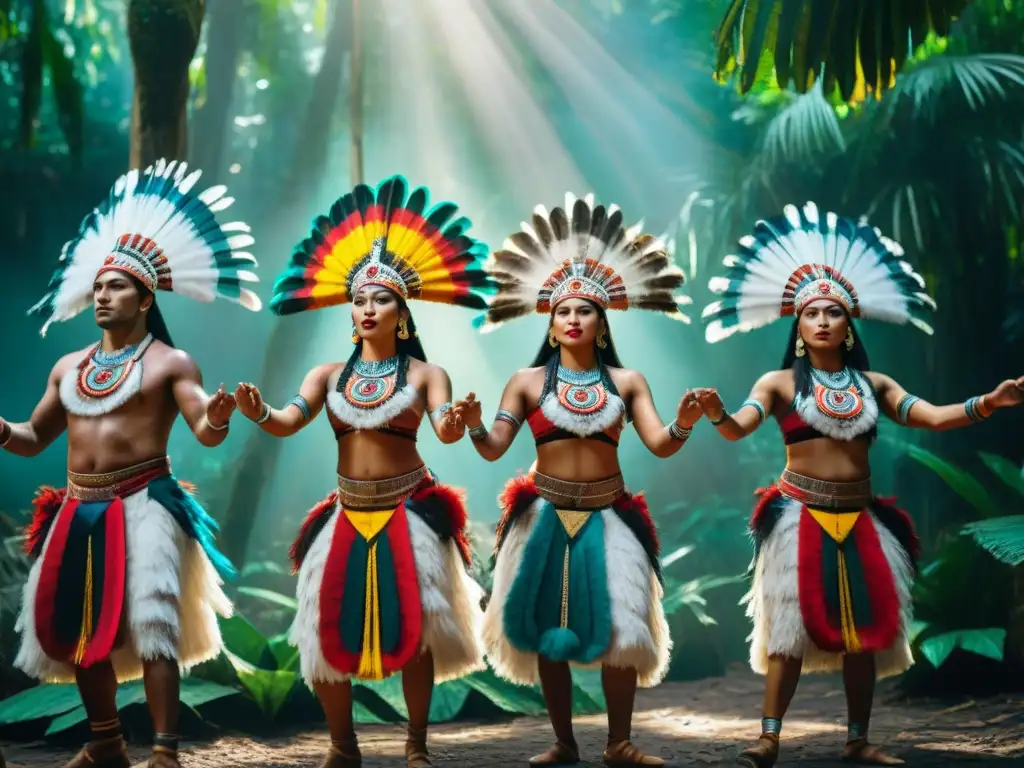 Ritual maya: danza sagrada en la selva Danzas ceremoniales de la civilización maya: Grupo de bailarines mayas en trajes tradicionales realizando un ritual sagrado en la selva