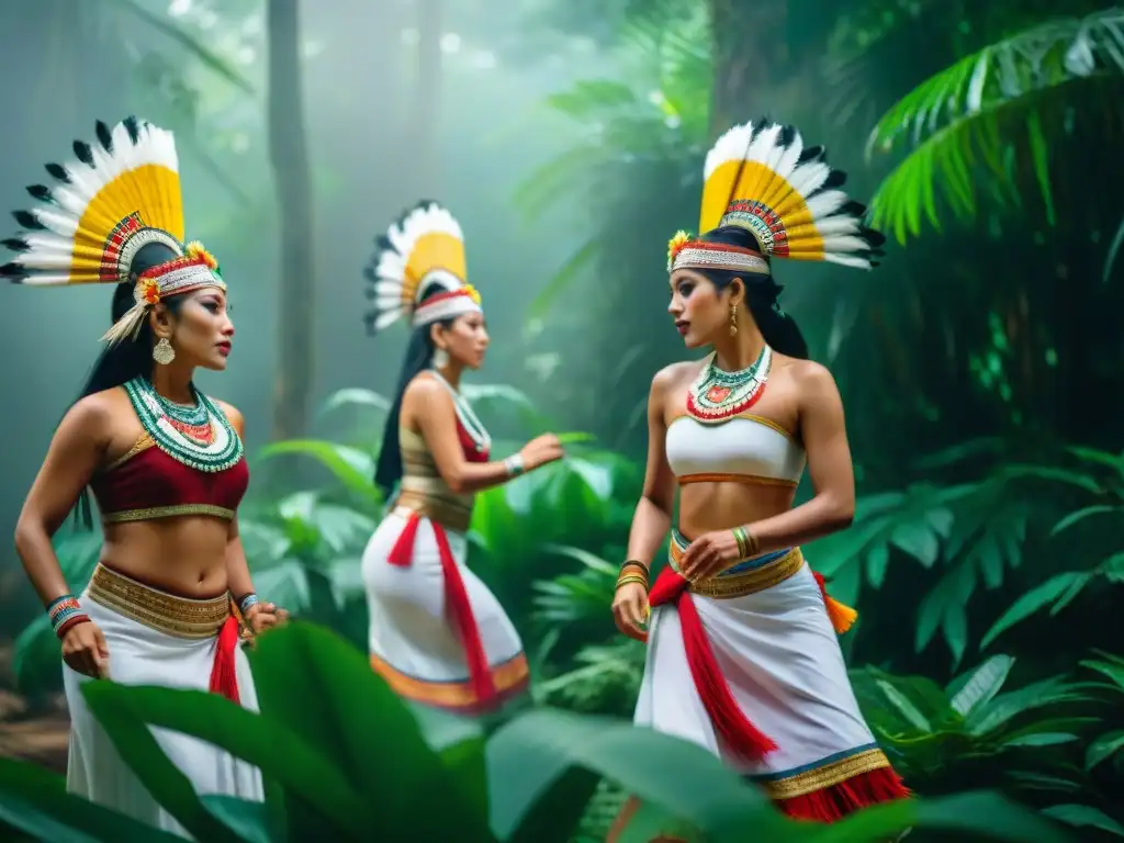 Danza ceremonial Maya: tradición y espiritualidad en la jungla Danzas ceremoniales de la civilización maya: Grupo de bailarines mayas en trajes tradicionales realizando un baile sagrado en la selva