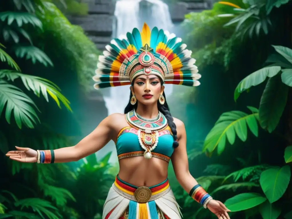 Mural maya: danzas ancestrales en la selva sagrada Danzas ceremoniales de la civilización maya en un mural vibrante con danzantes y templos en la jungla