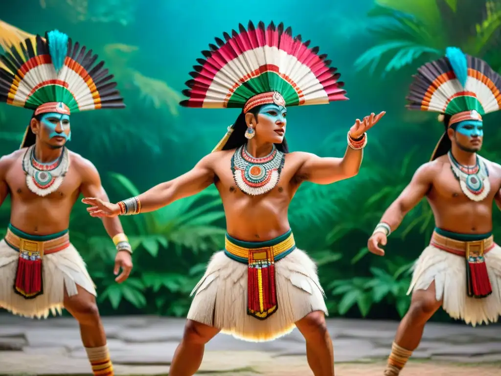 Danza ceremonial Maya: vibrante mural ancestral Danzas ceremoniales de la civilización maya: un mural vibrante con danzantes y músicos en un escenario sagrado de la antigua Maya