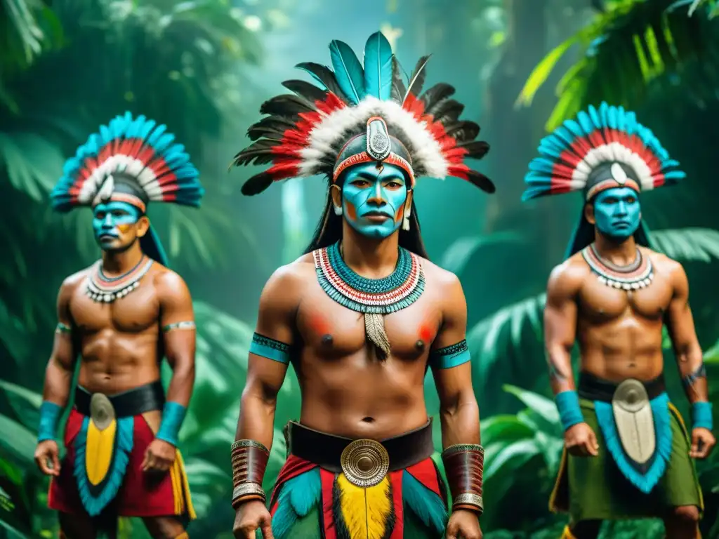 Danzas de guerra mayas: Guerreros mayas en trajes tradicionales y plumas, realizando una danza ceremonial en la jungla