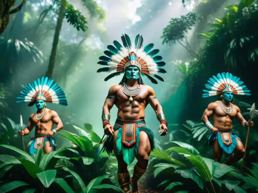 Danzas de guerra mayas: Guerreros mayas en trajes tradicionales danzando en la selva exuberante