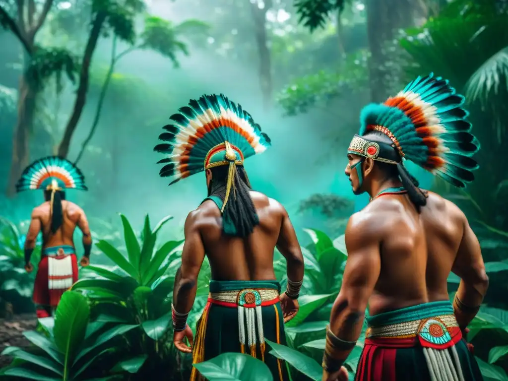 Danzas de guerra mayas: Mayas guerreros realizando un ritual en la selva con atuendos tradicionales y pinturas faciales elaboradas