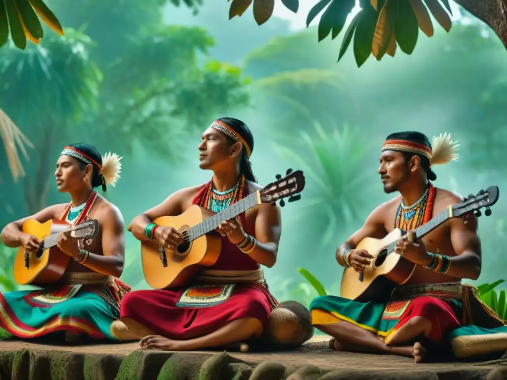 Música y danzas en retiros mayas: Grupo de músicos mayas tocando bajo un ceiba gigante, rodeados de exuberante vegetación